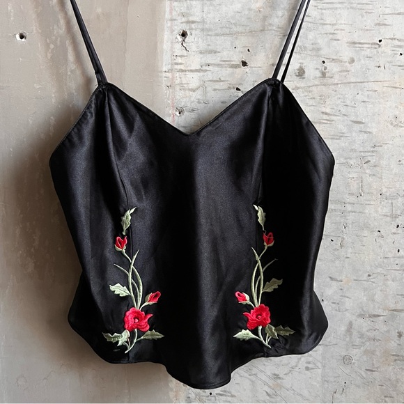 delicates Tops - Vintage Black Satin Floral Embroidered Top